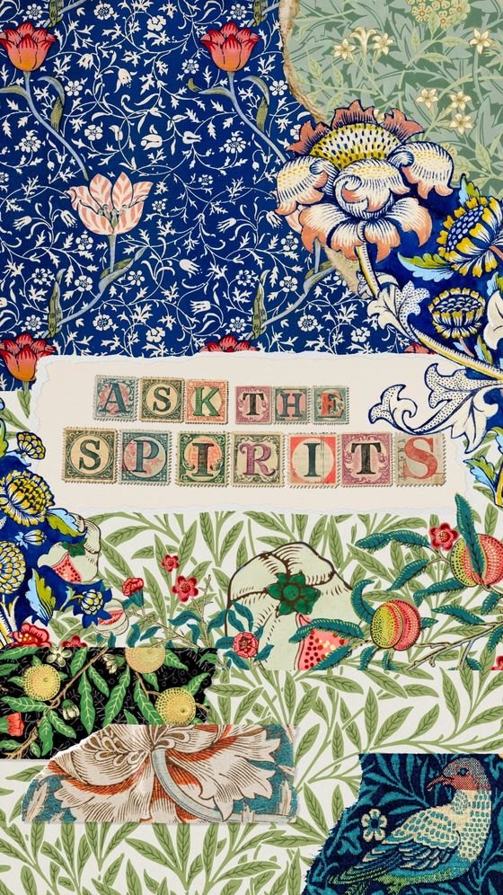 Spirits Oracle card deck box with the Ask the Spirits cover: stamp letters on a collage of vintage floral patterns