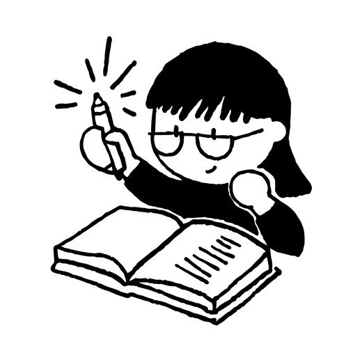 Hand-drawn Page Collective illustration of a girl in glasses holding up a pencil over an open book