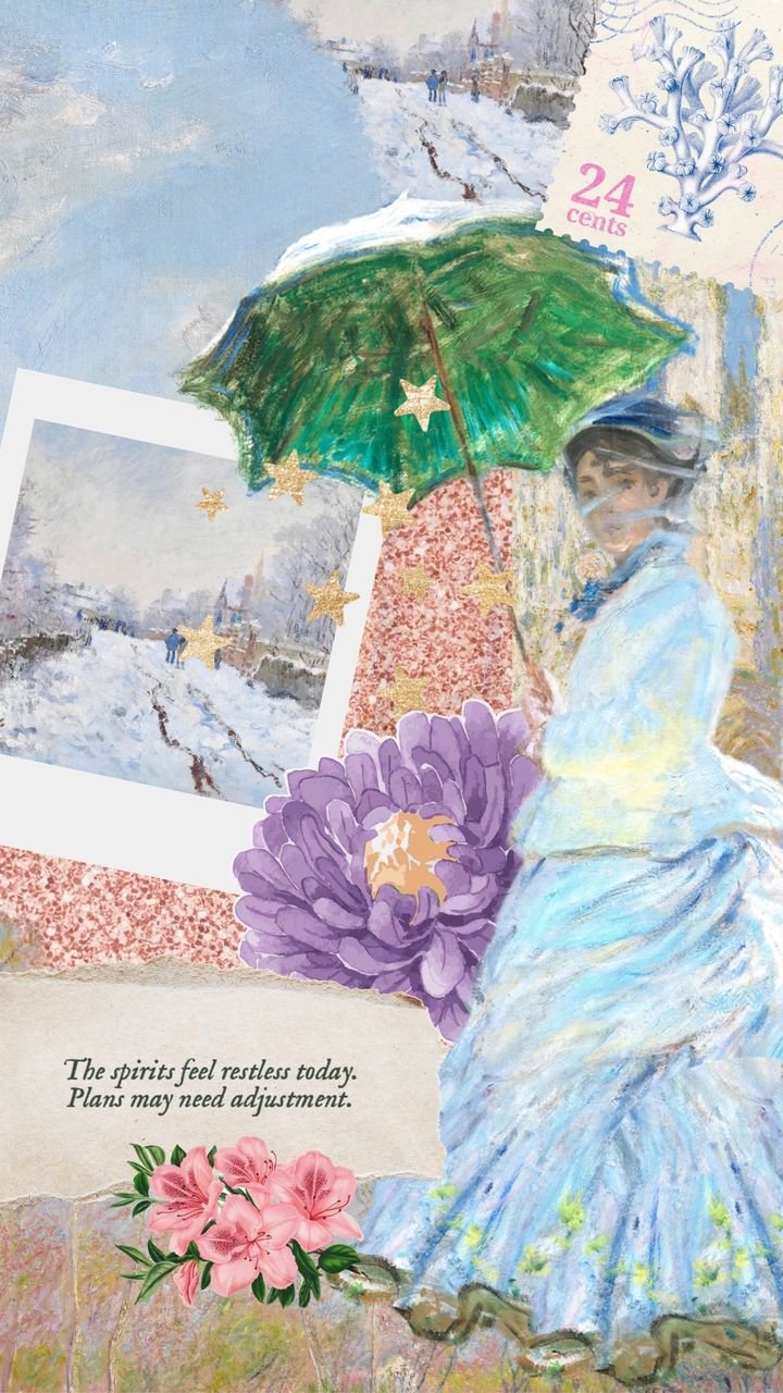 Spirits Oracle card: collage of an Impressionist woman with a green parasol, a snowy village and a purple flower. Message: The spirits feel restless today. Plans may need adjustment.