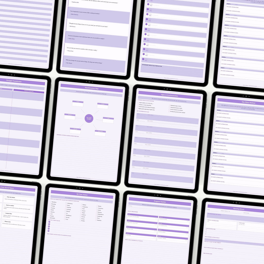 Grid of iPad screens with pages of Manifestation journal