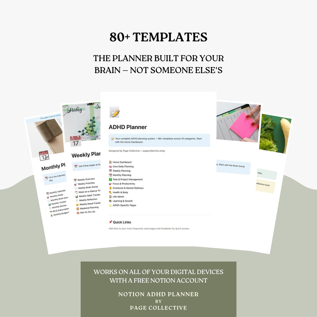 Collection of planner templates with text about ADHD planner and Notion integration.