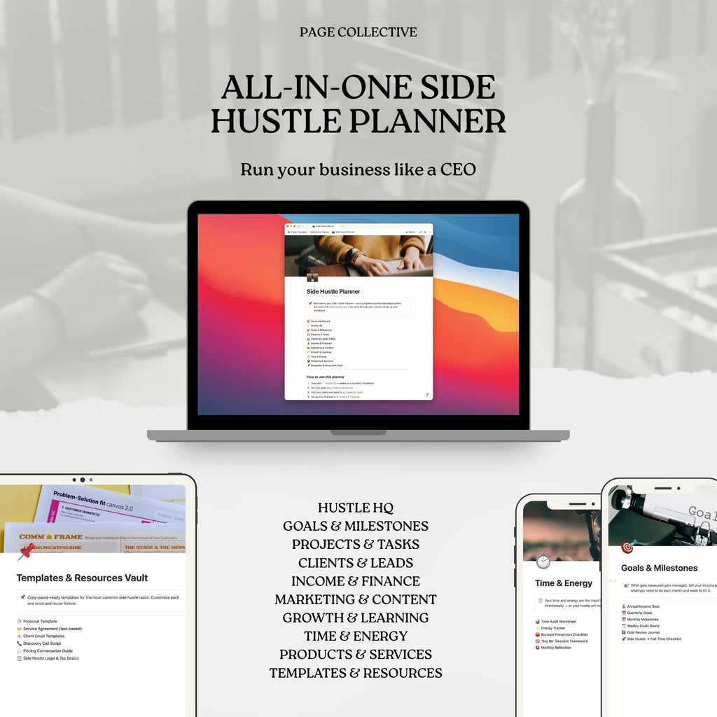 Promotional infographic for Notion Side Hustle Planner by Page Collective