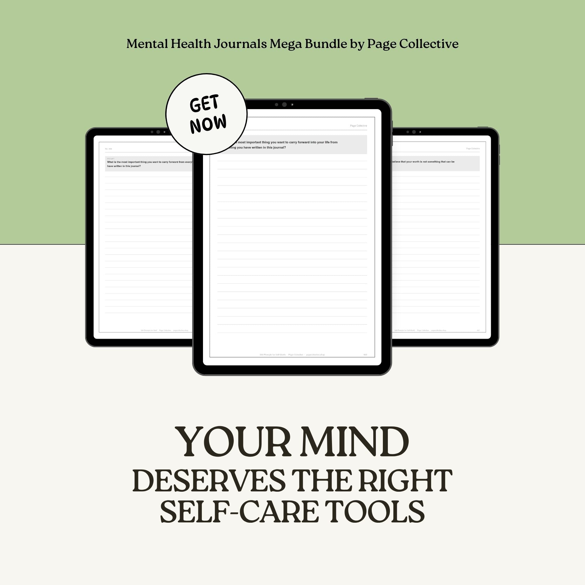 Mental health journals mega bundle by Page Collective with a call to action on a green and white background.