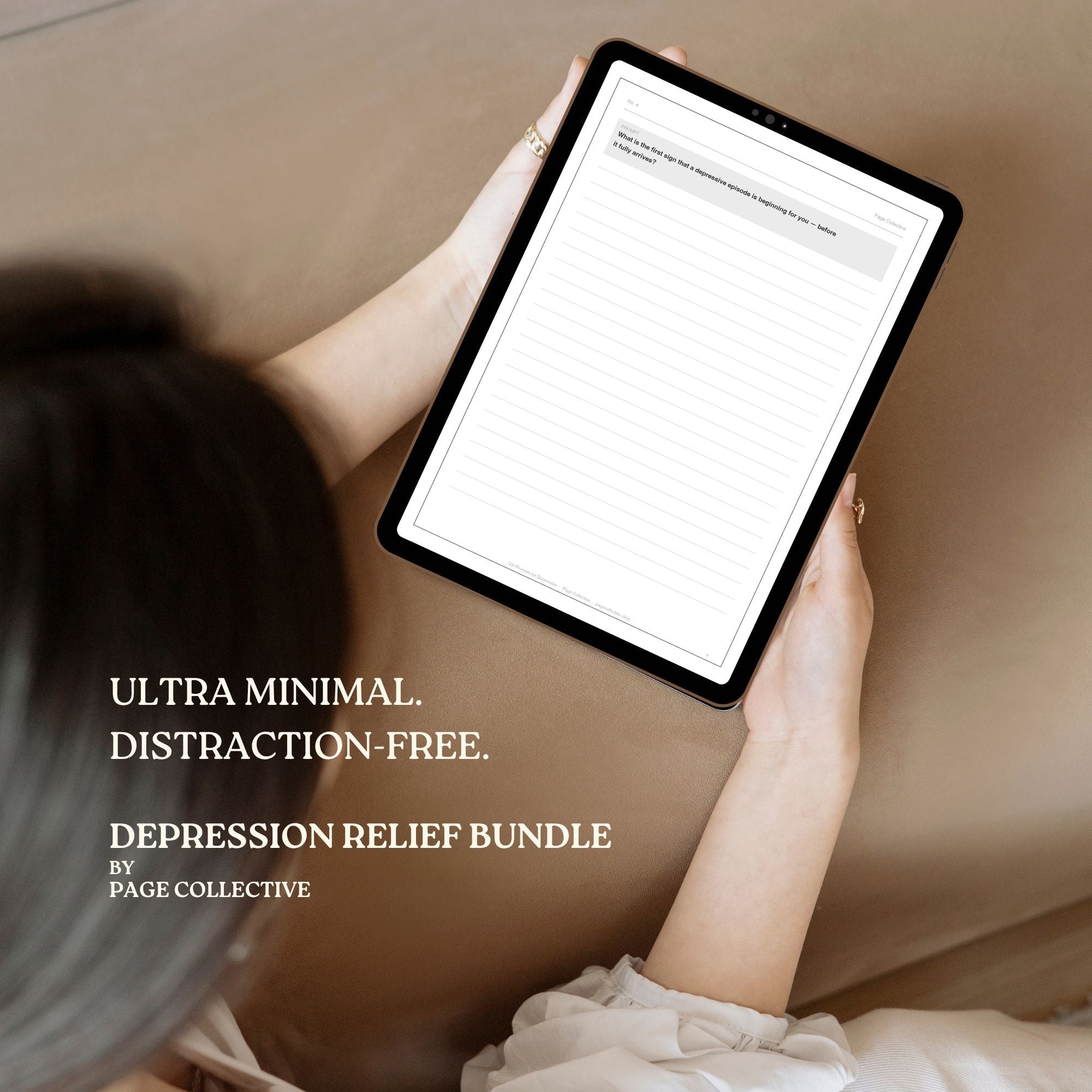 Person holding a tablet with text overlay about an depression relief bundle.