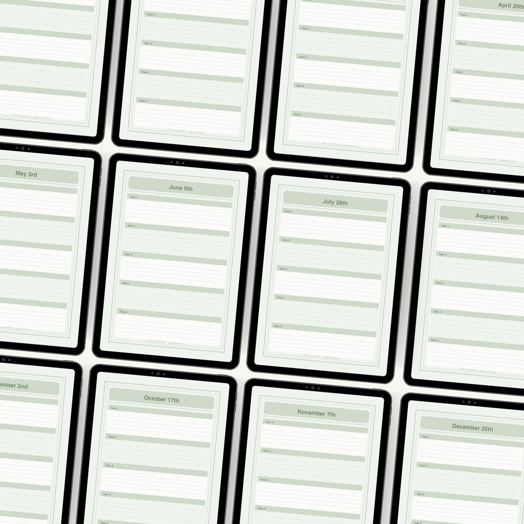 Grid of digital journal pages on a white background
