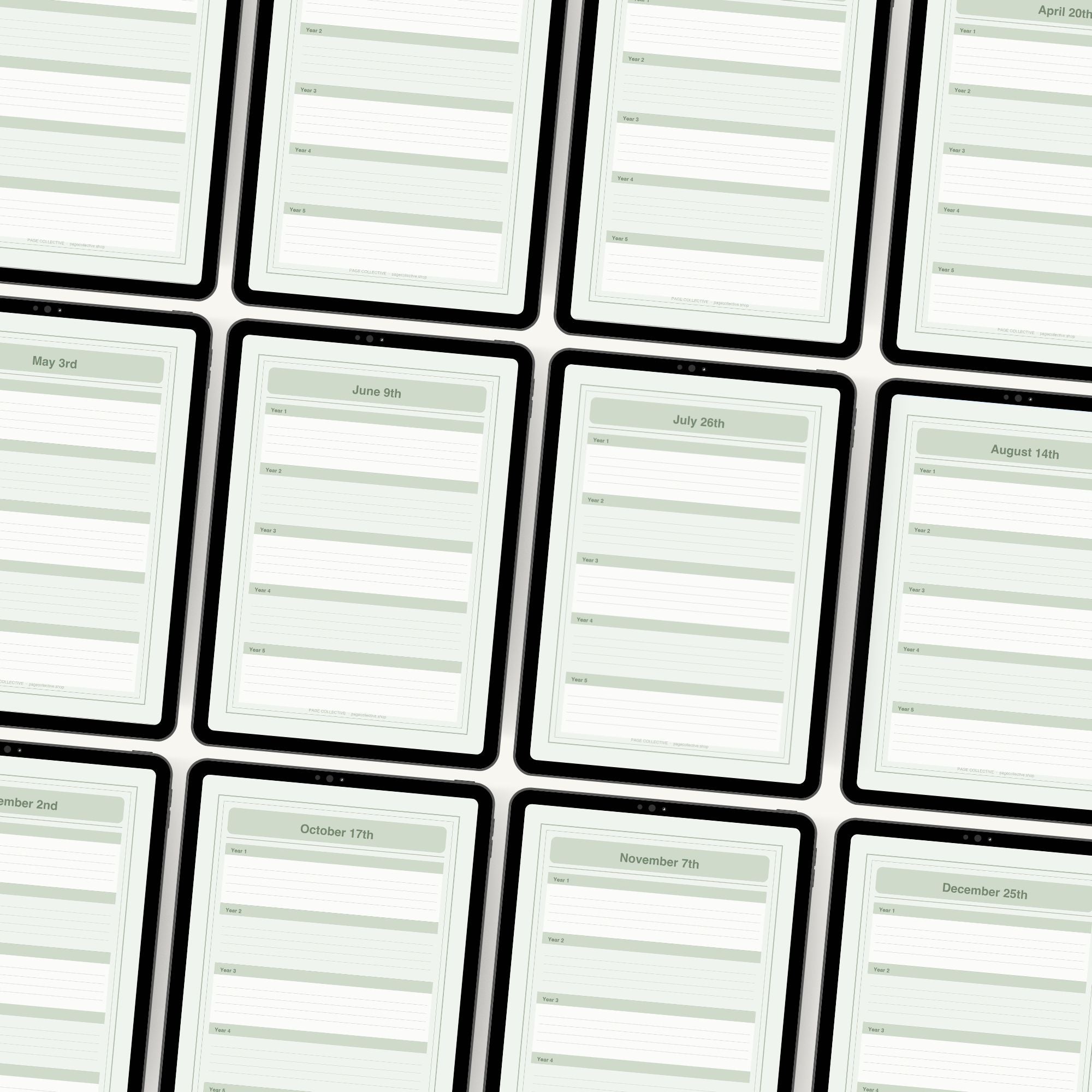 Grid of digital journal pages on a white background