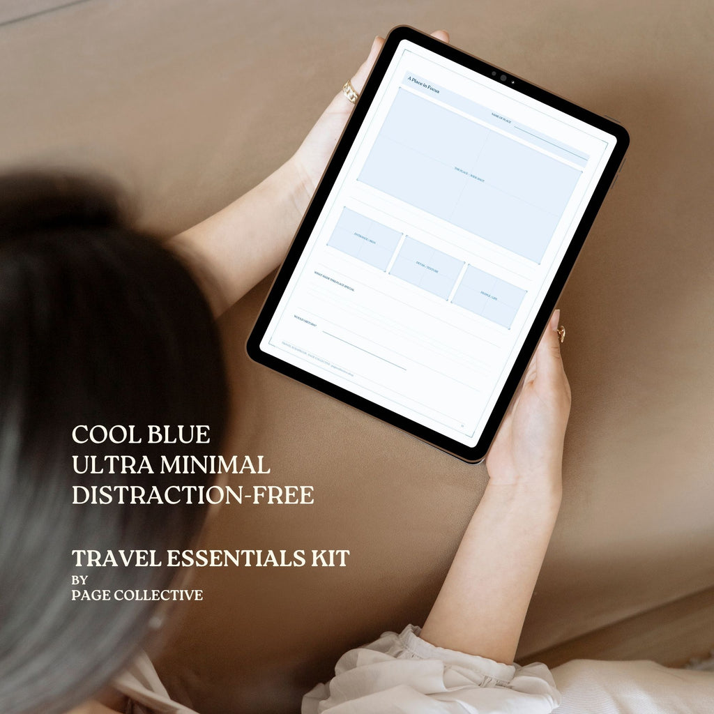 Person holding a tablet with 'Cool Blue Ultra Minimal Distraction-Free Travel Essentials Kit' text overlay.