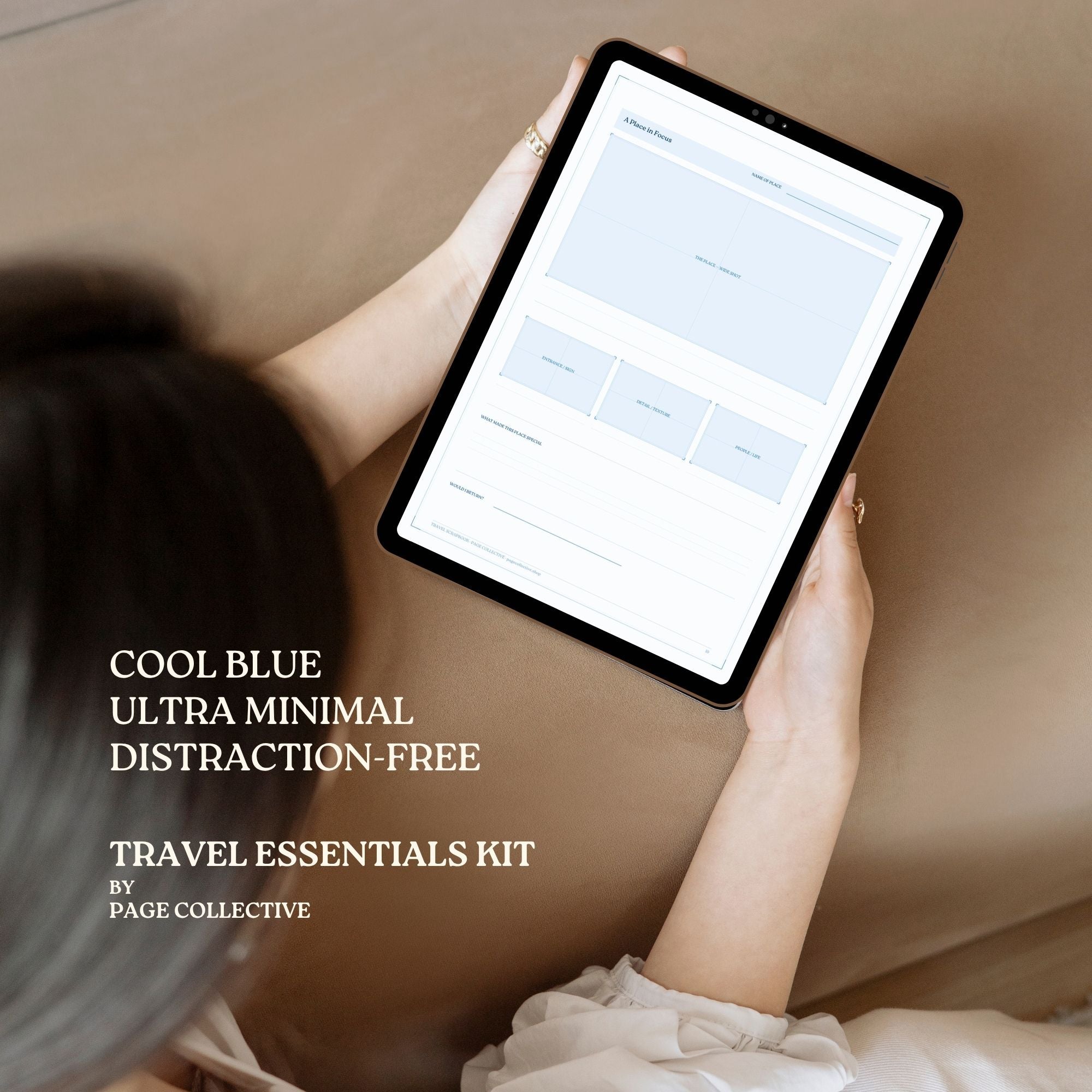 Person holding a tablet with 'Cool Blue Ultra Minimal Distraction-Free Travel Essentials Kit' text overlay.