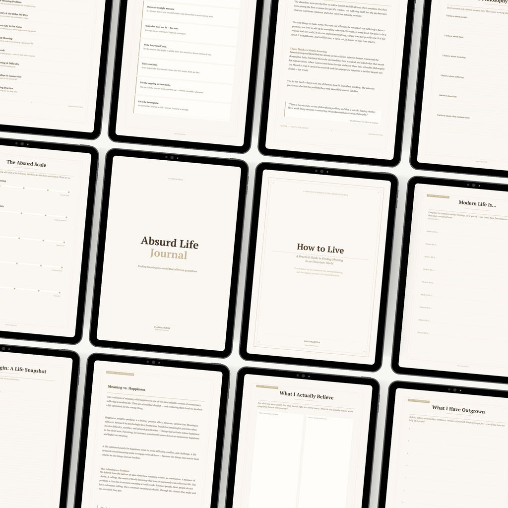 Grid of 'Absurd Life Journal' and 'How to Live' booklets on a white background