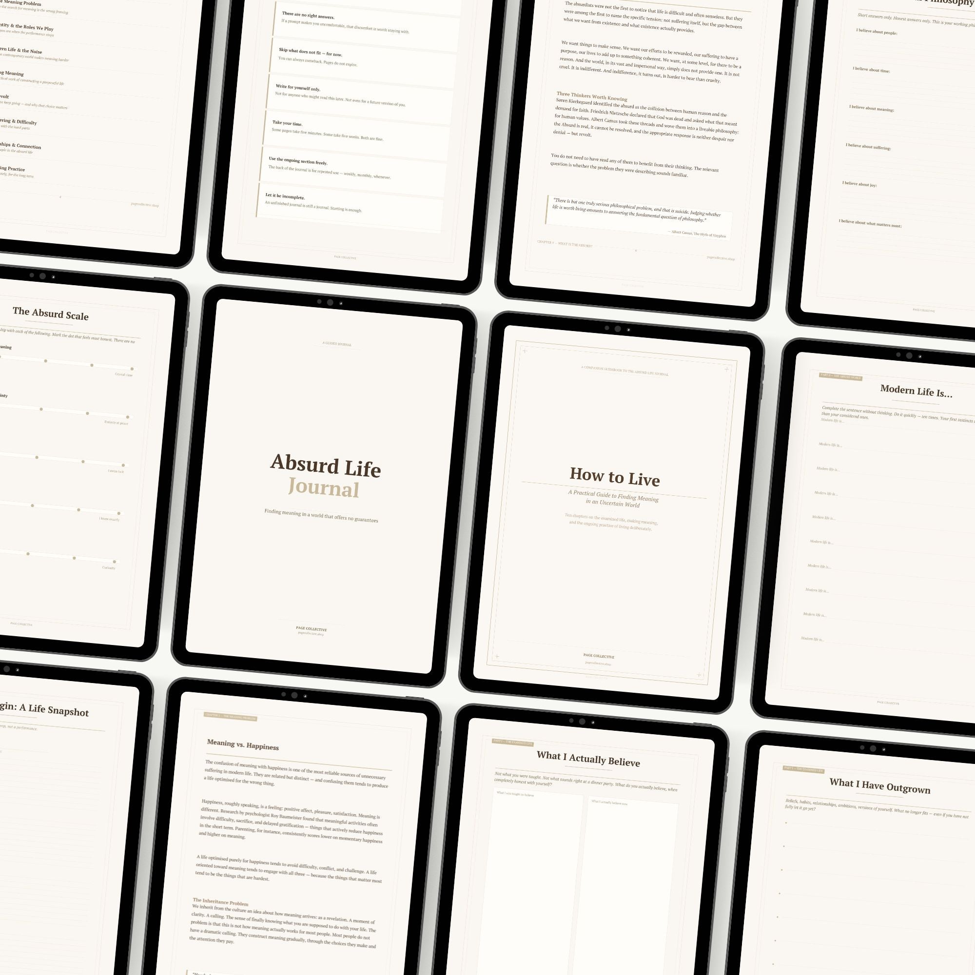 Grid of 'Absurd Life Journal' and 'How to Live' booklets on a white background