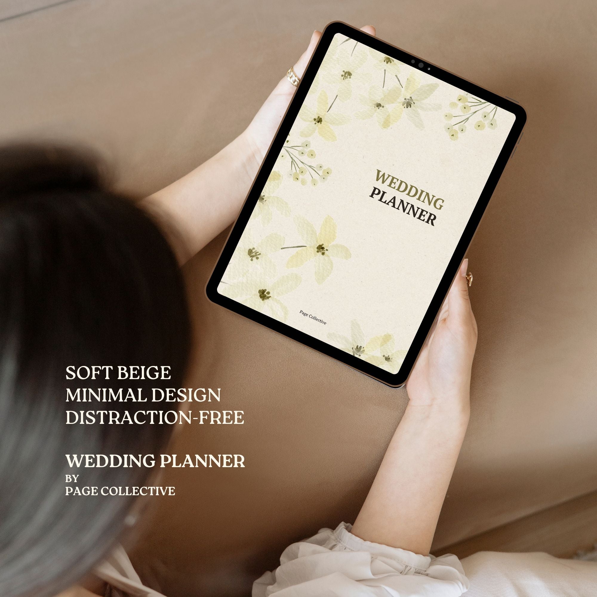 Person holding a tablet with a wedding planner app on a beige background