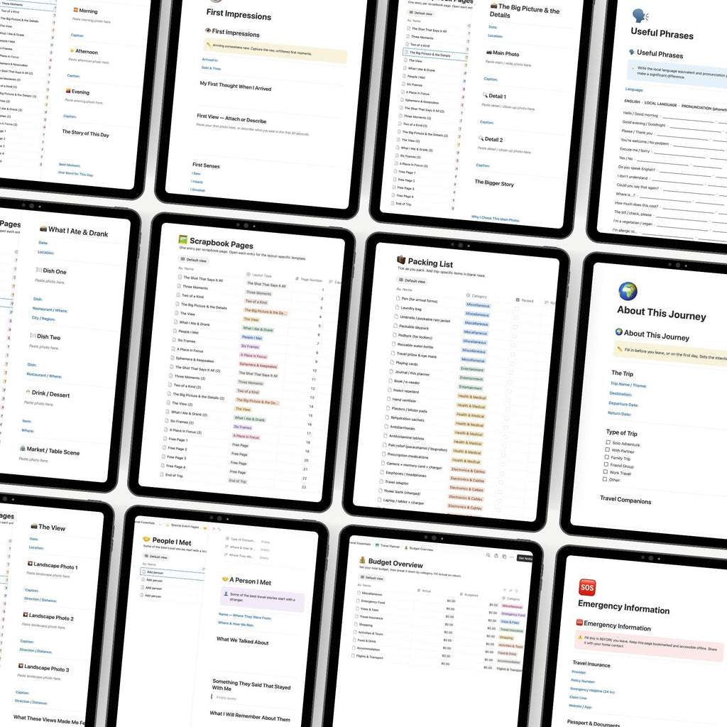 Grid of digital screens displaying various travel related templates, lists and information on a white background