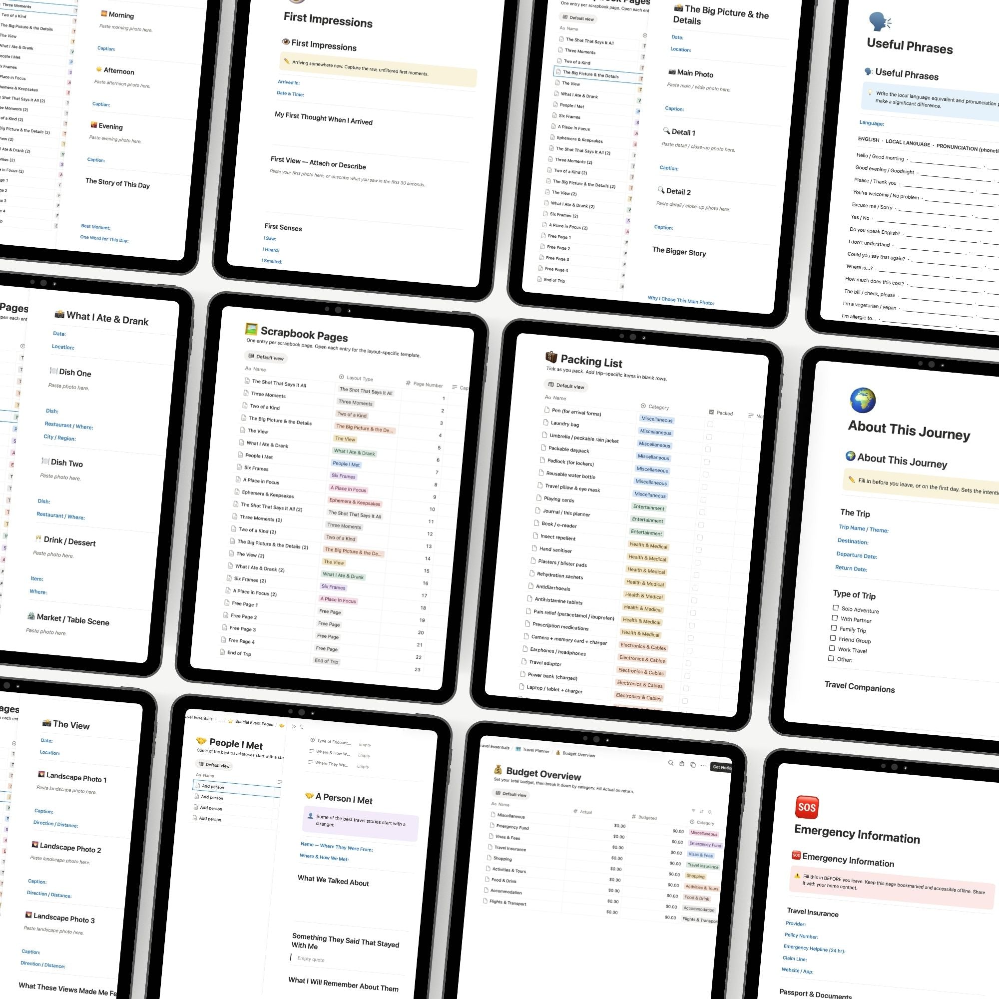 Grid of digital screens displaying various travel related templates, lists and information on a white background