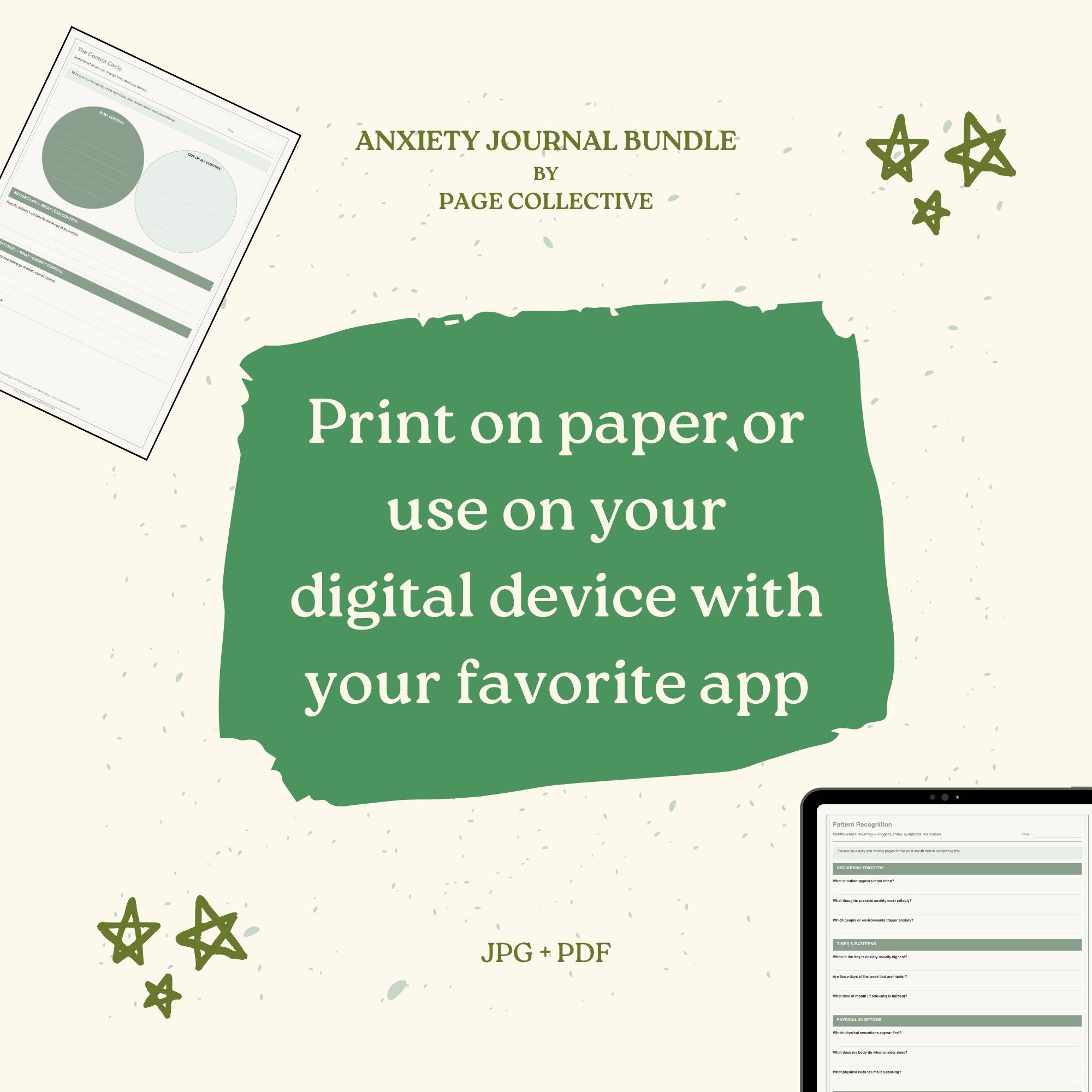 Promotional graphic for Anxiety Journal Bundle by Page Collective with text about print and digital use.