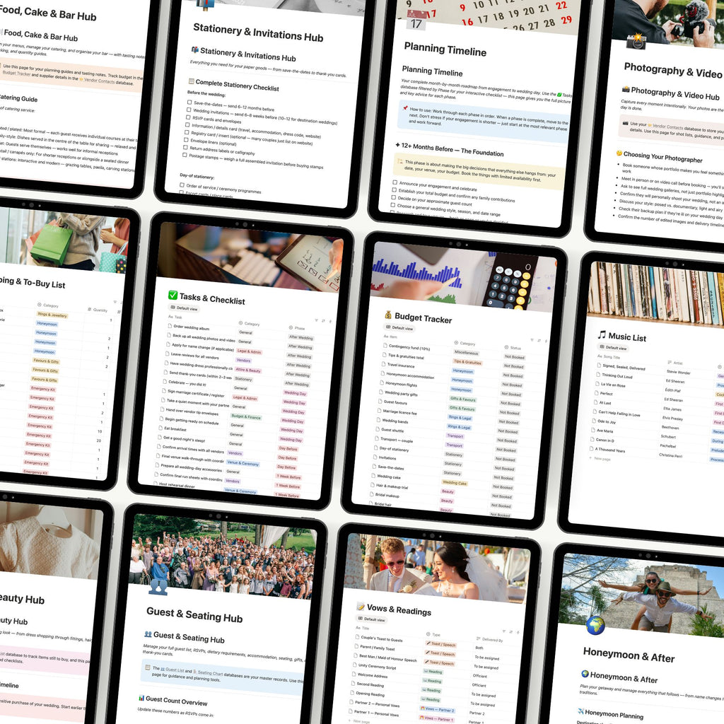 Grid of tablet screens displaying various wedding planning apps and tools.