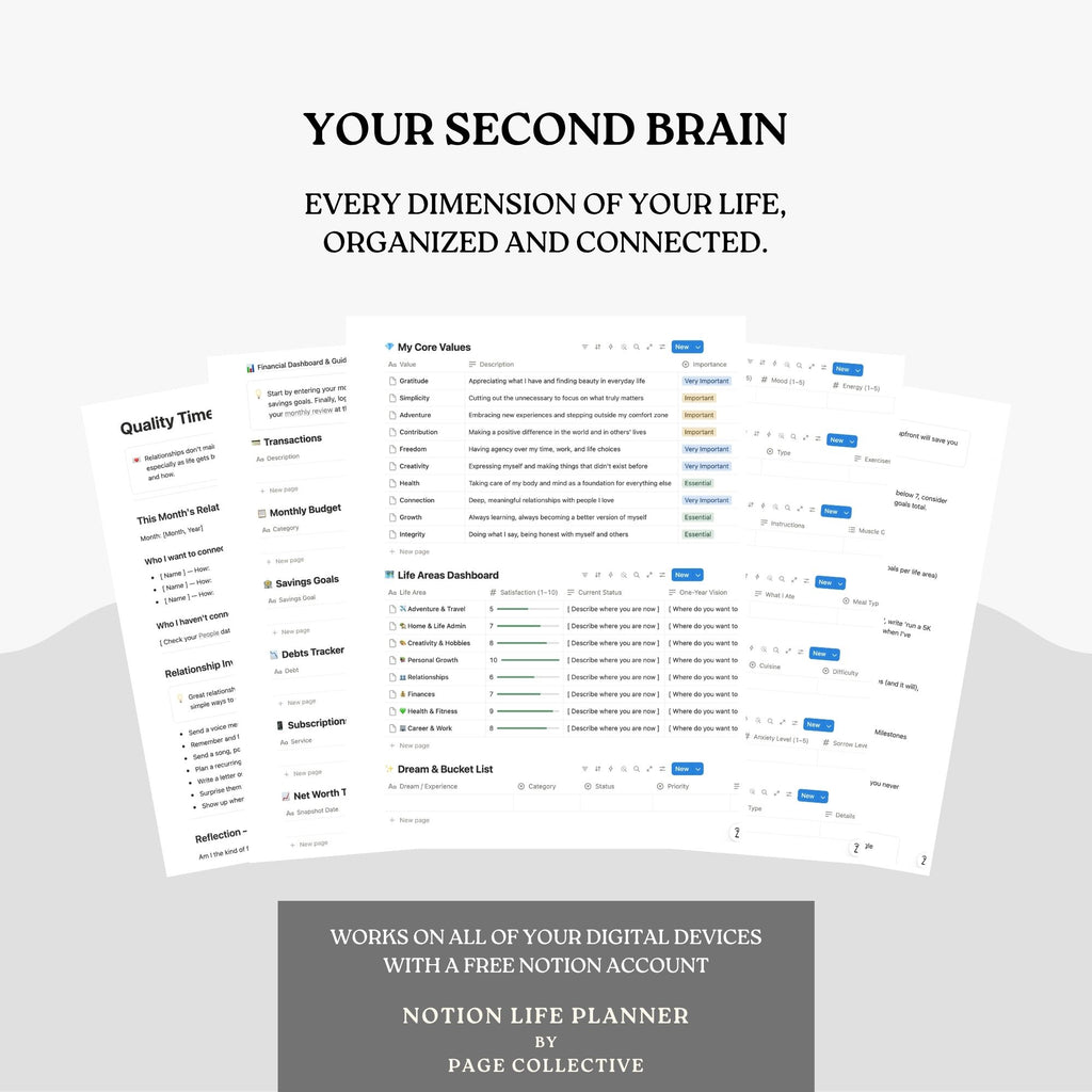 Notion life planner app interface with text 'Your Second Brain' on a light gray background