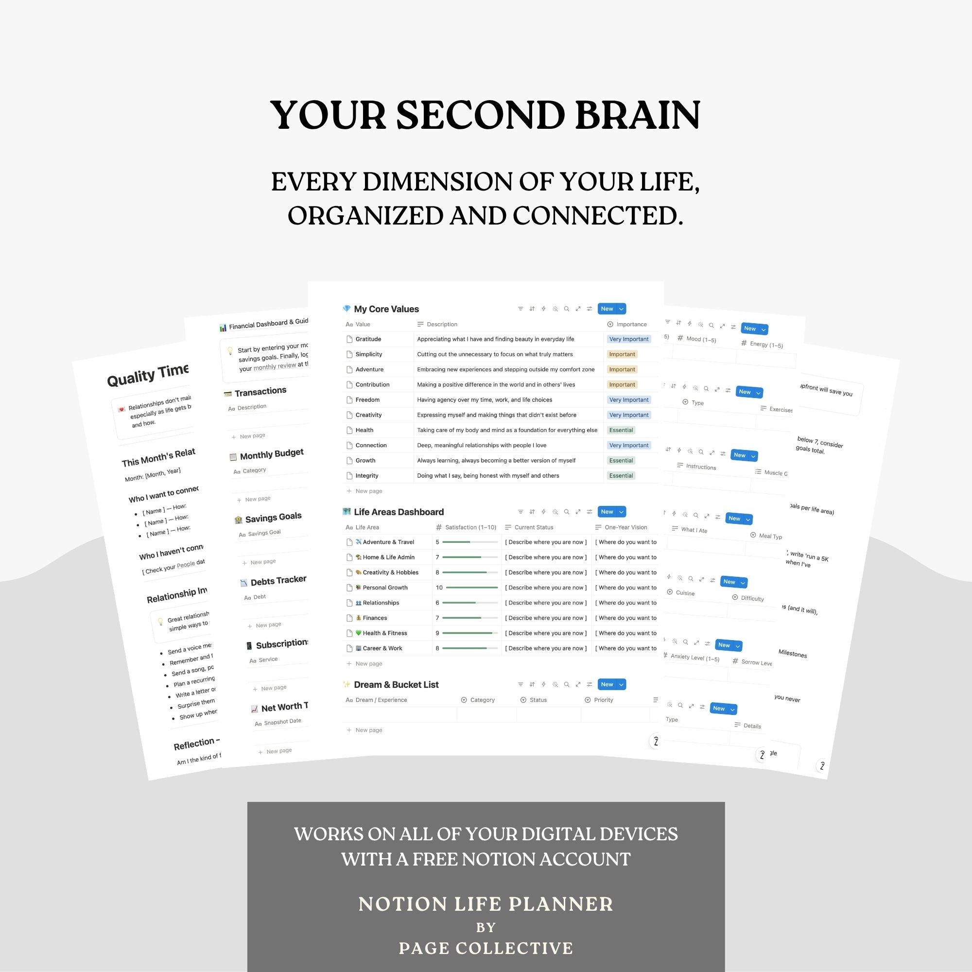 Notion life planner app interface with text 'Your Second Brain' on a light gray background
