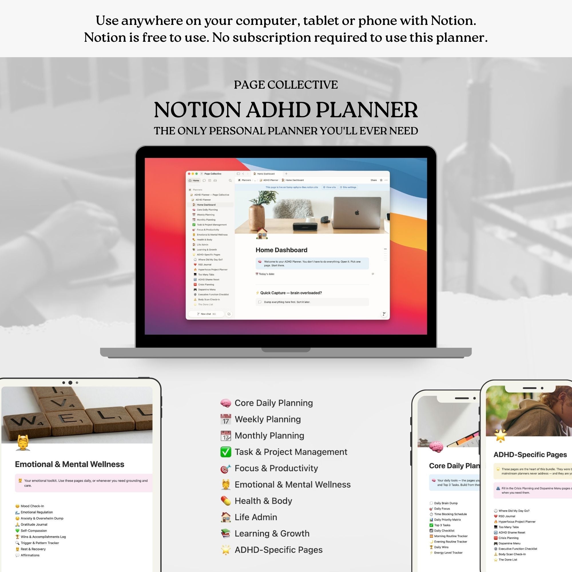 Advertisement for Notion ADHD Planner on a laptop screen with additional views of the planner on tablets and a phone.