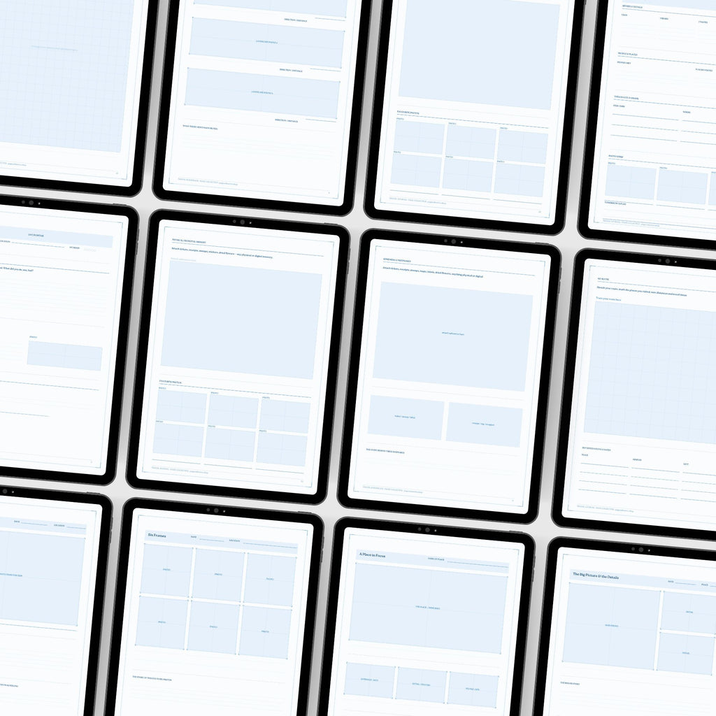 Grid of printed pages with text and blue headers