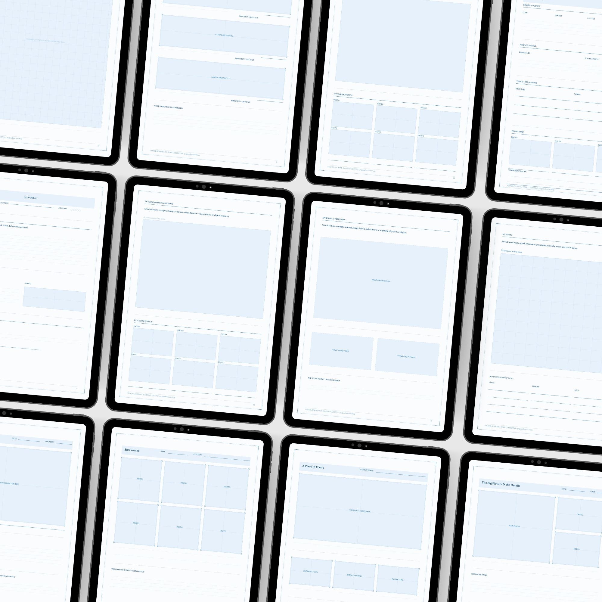 Grid of printed pages with text and blue headers