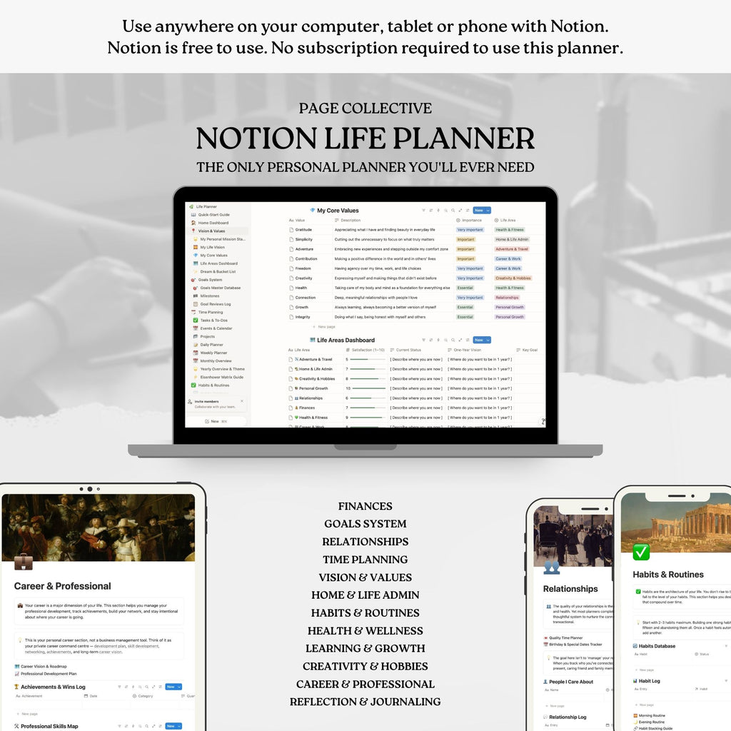 Notion Life Planner displayed on a laptop with additional views of the planner on tablets and a phone.