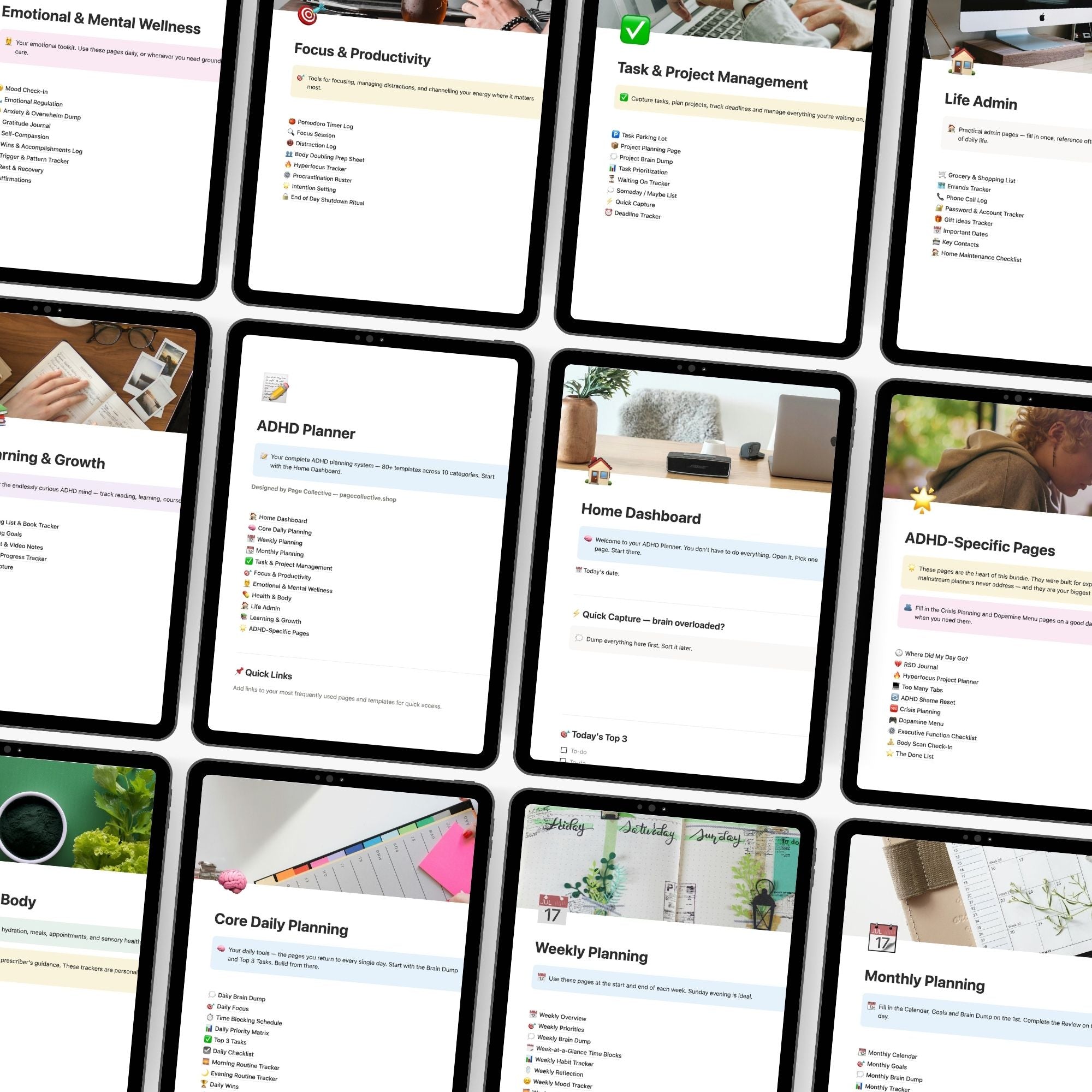 Collage of digital planners and productivity tools on a white background