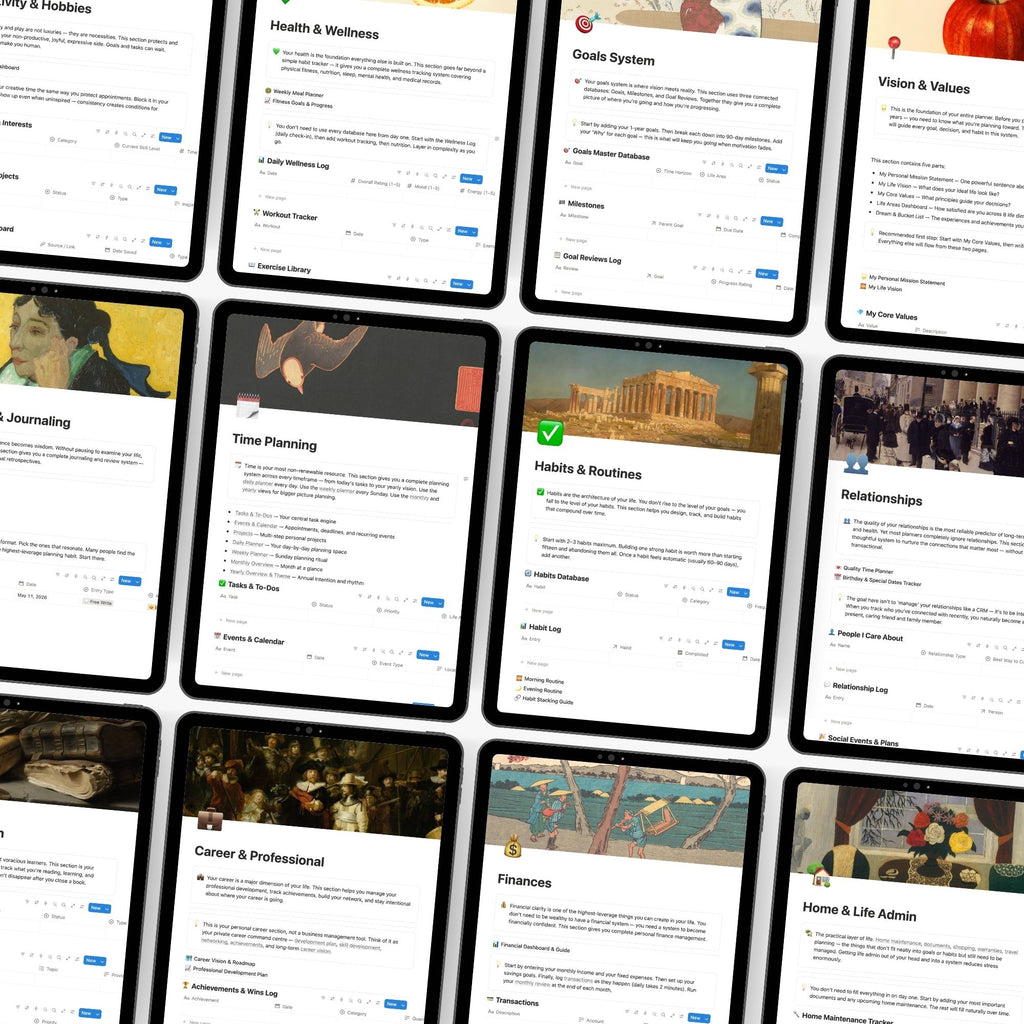 Grid of digital screens displaying templates from the Notion Life Planner by Page Collective.