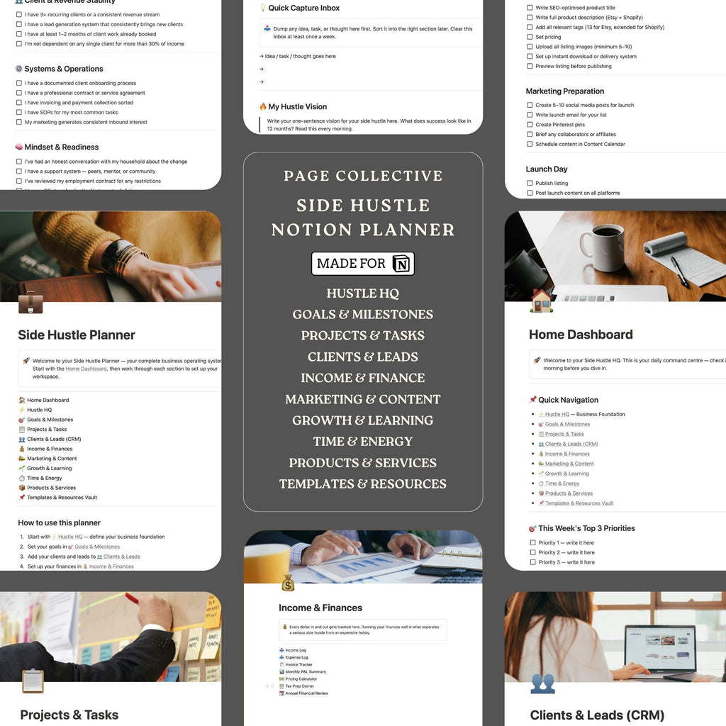 Promotional infographic for Notion Side Hustle Planner by Page Collective