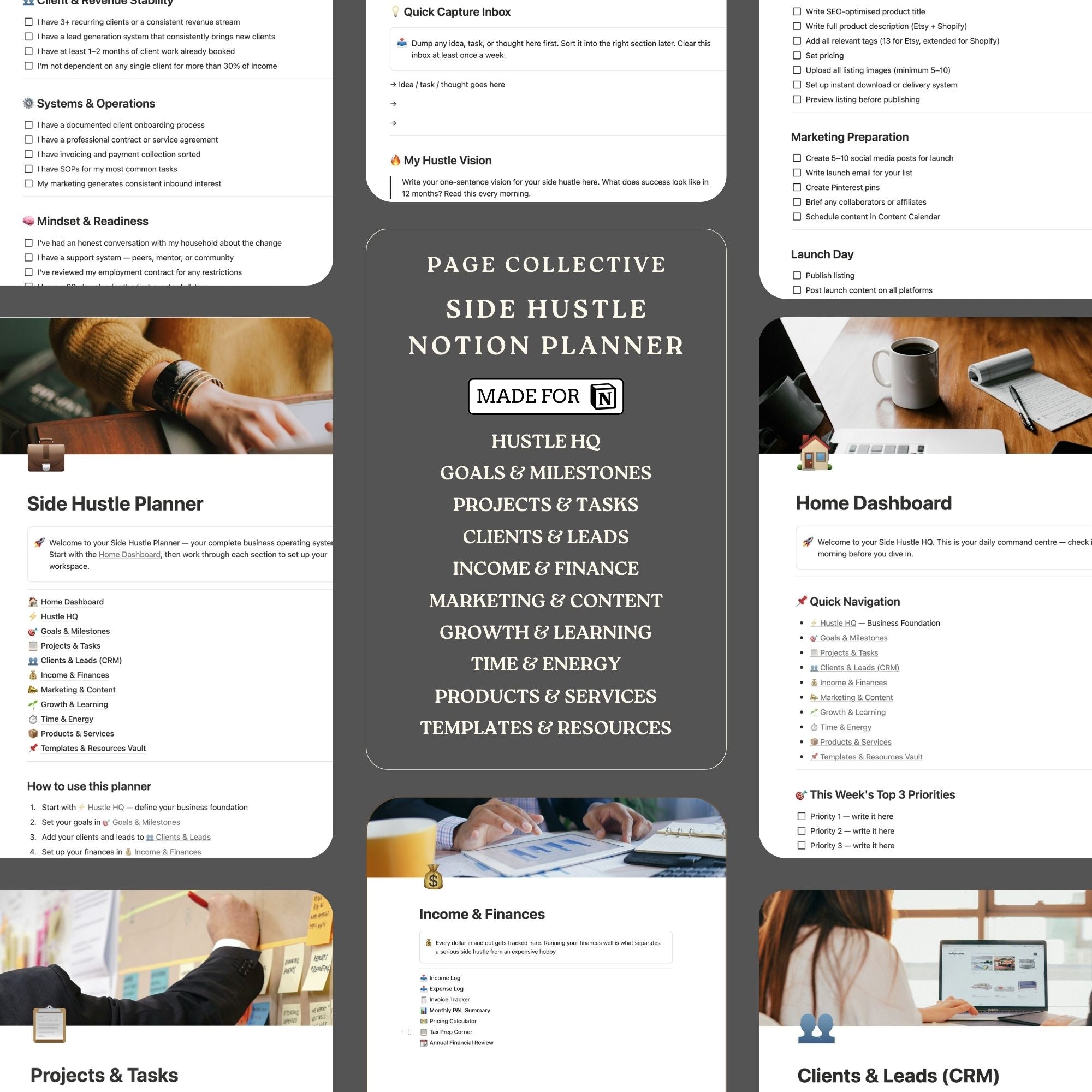 Promotional infographic for Notion Side Hustle Planner by Page Collective