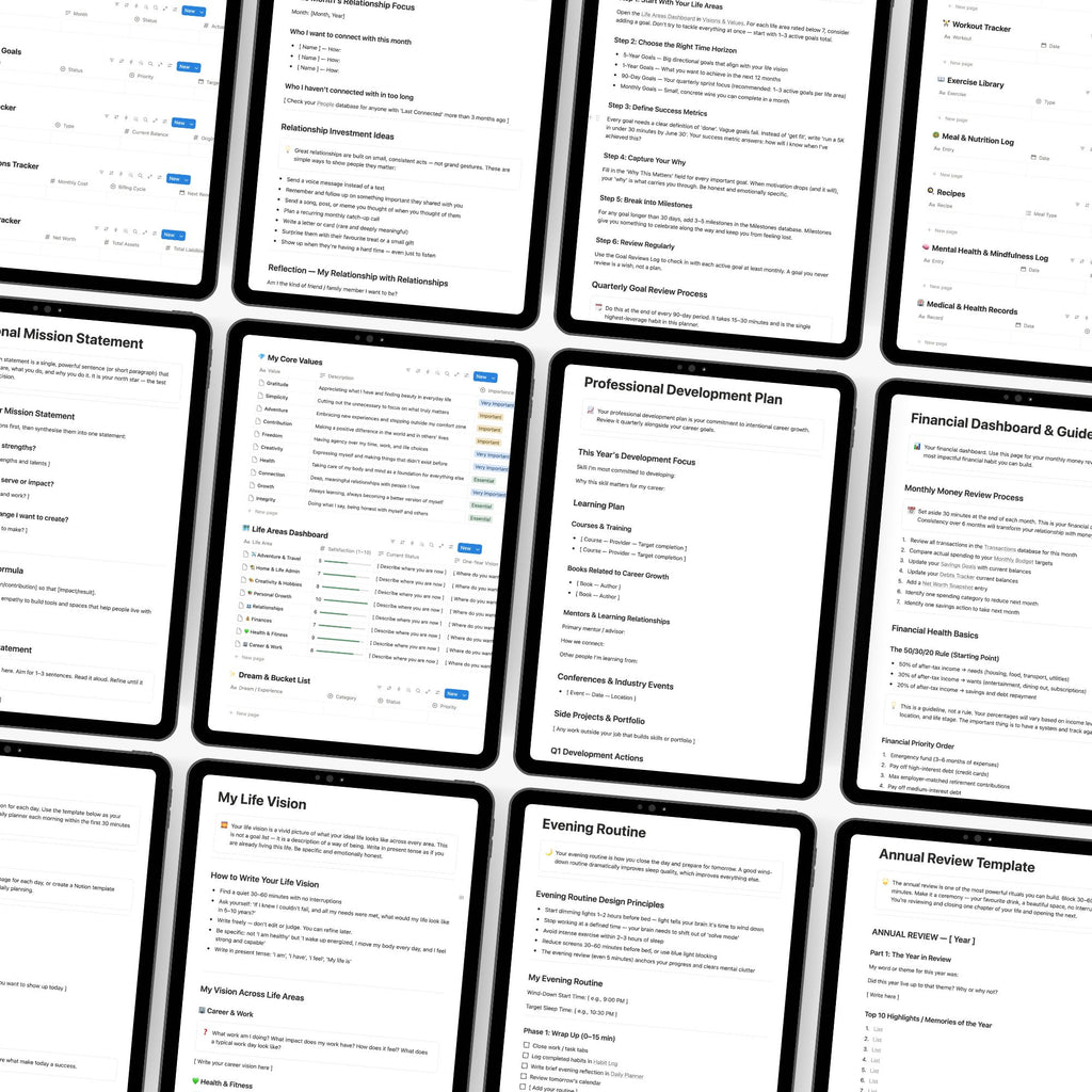 Grid of digital screens displaying templates from the Notion Life Planner by Page Collective.