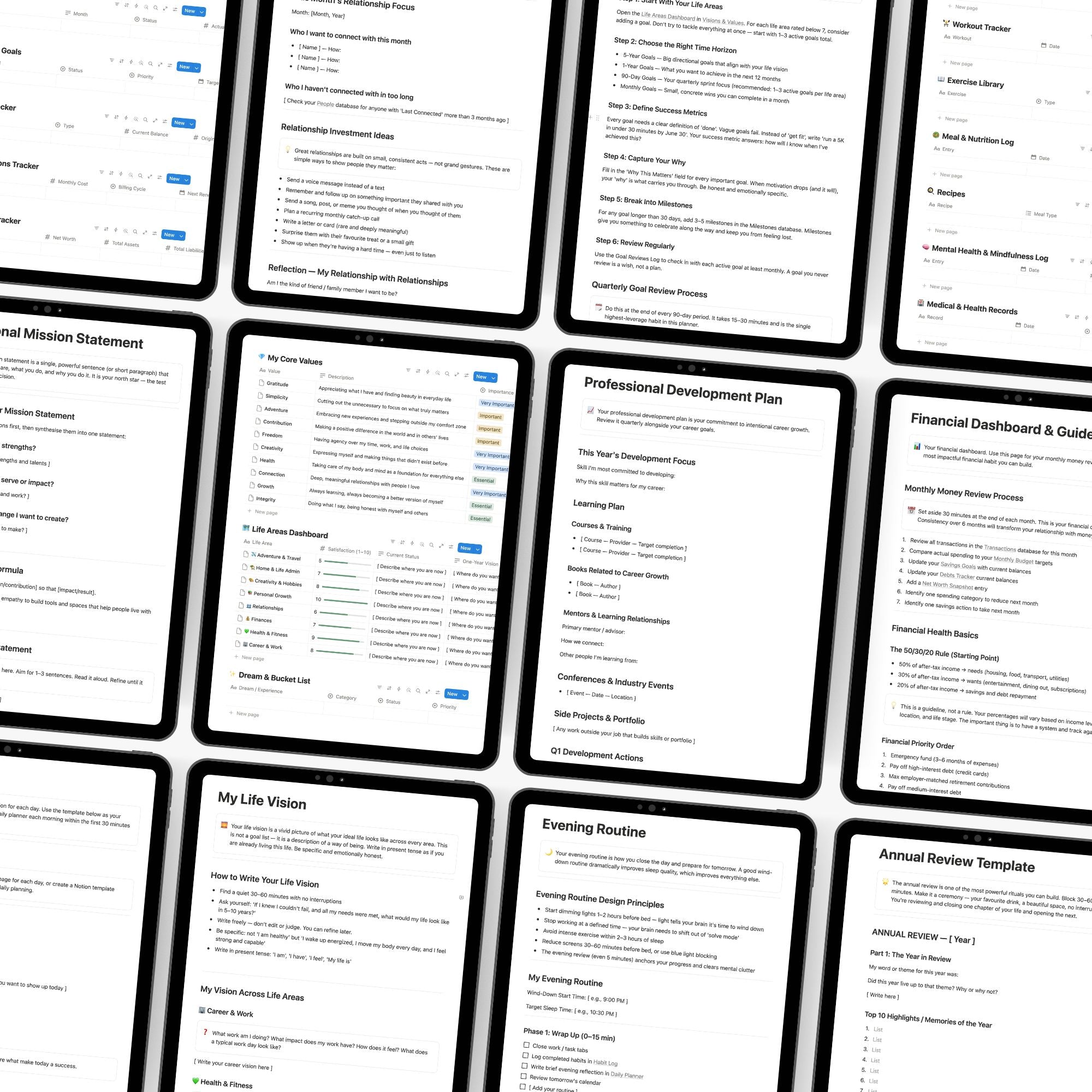 Grid of digital screens displaying templates from the Notion Life Planner by Page Collective.