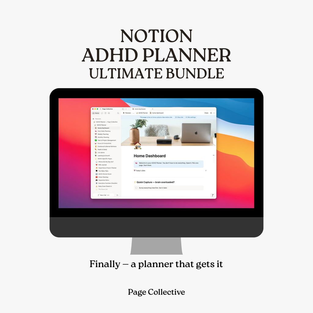 Computer monitor displaying a planner software interface with 'Notion ADHD Planner Ultimate Bundle' text above.