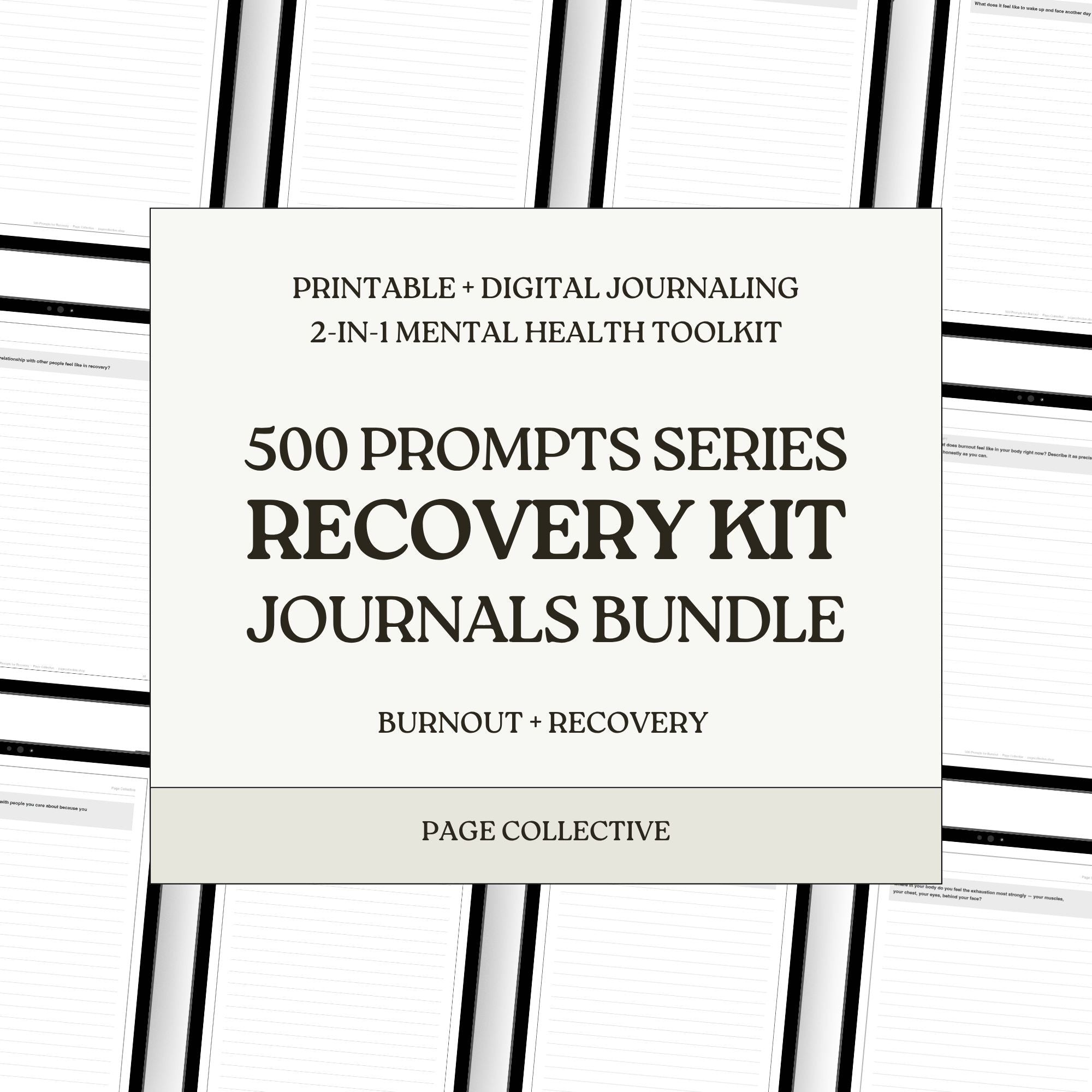 Journals bundle for burnout and recovery with 'Page Collective' branding on a white and black striped background.