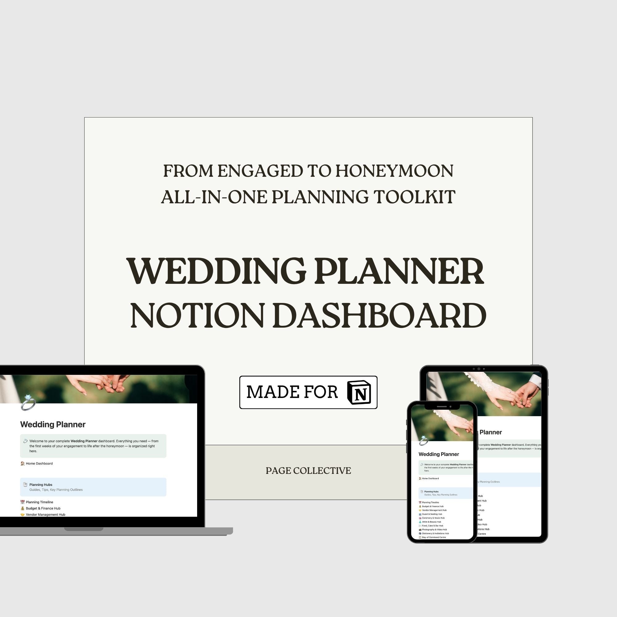 Wedding planner dashboard for engagement to honeymoon planning on a white background