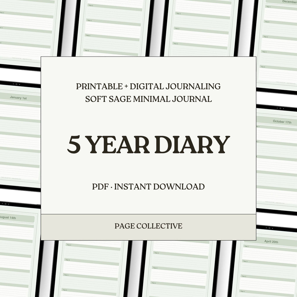 5-year diary packaging with text on a minimalistic design background