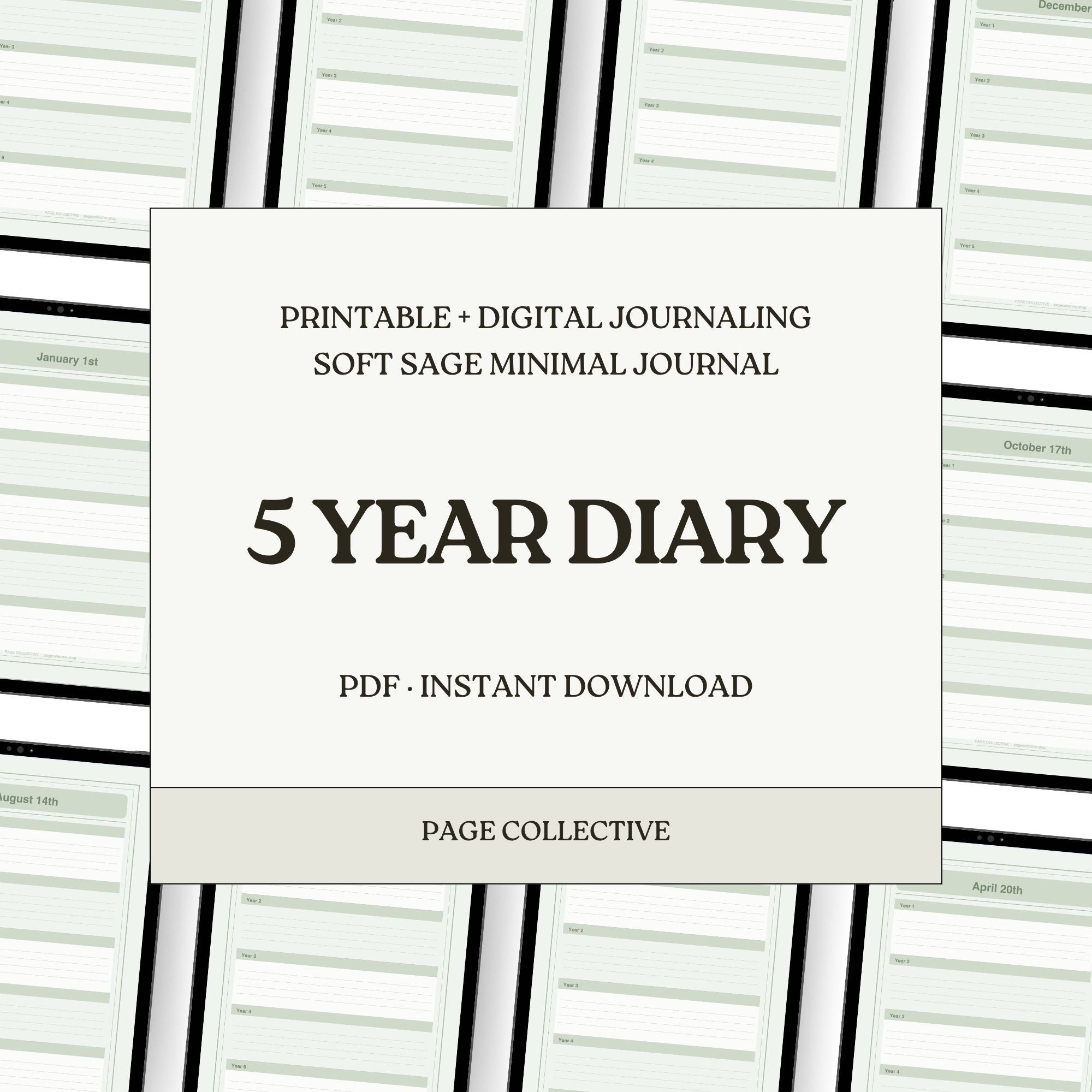 5-year diary packaging with text on a minimalistic design background