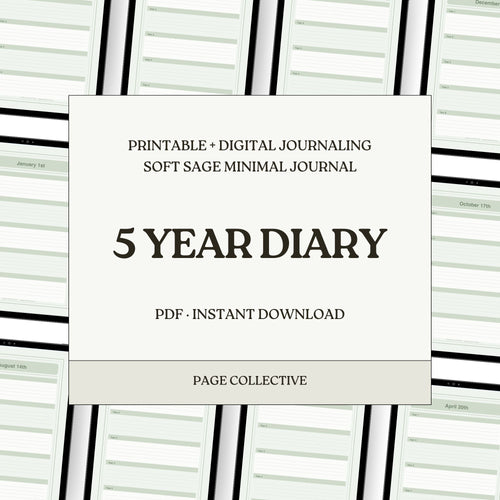5-year diary packaging with text on a minimalistic design background