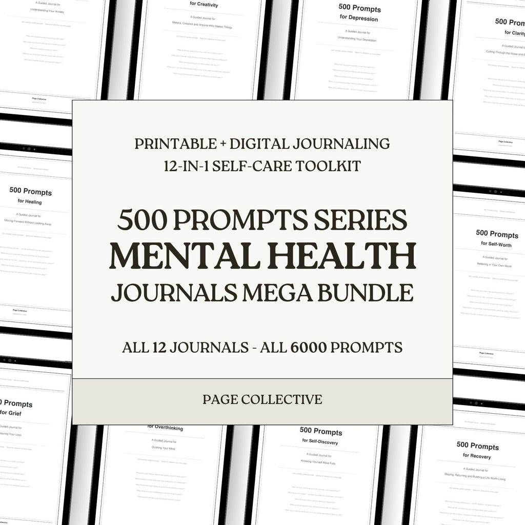 Mental health journals mega bundle complete 500 prompts series on a white background