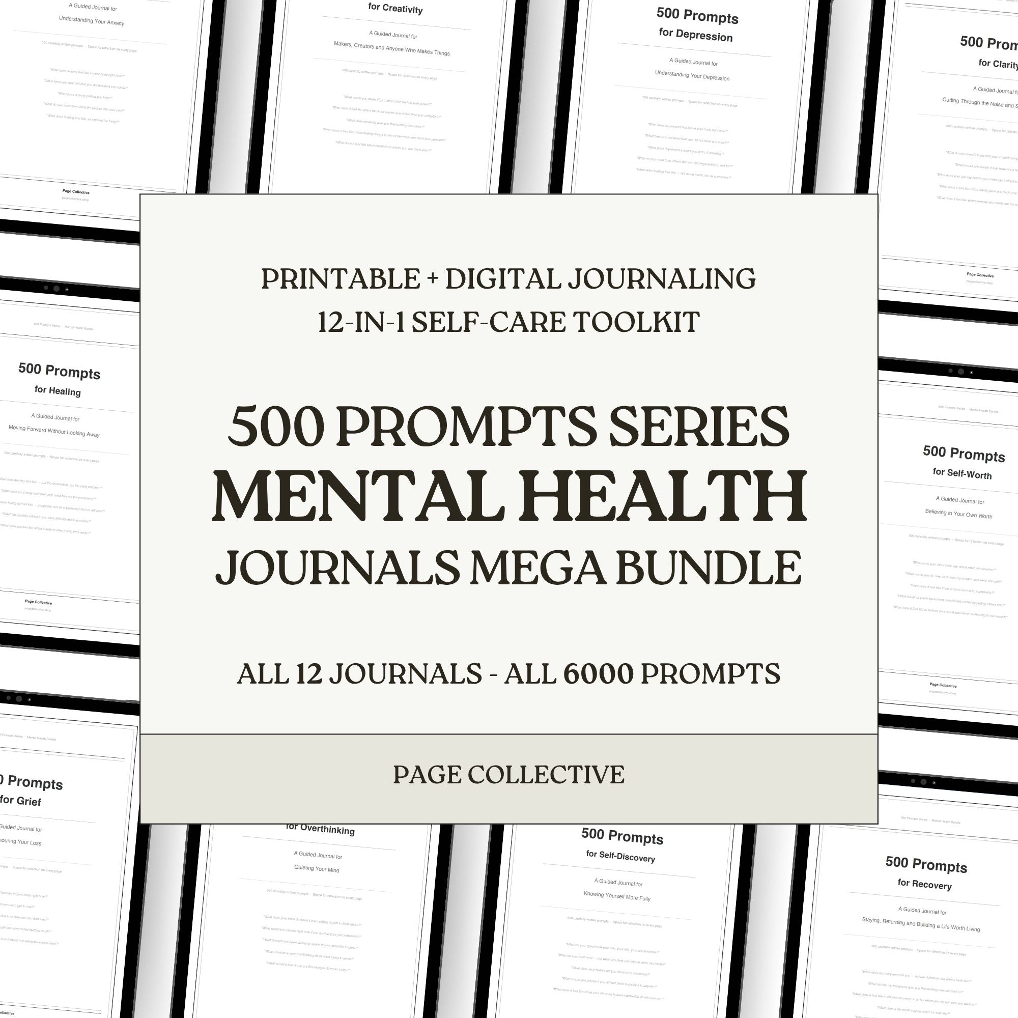 Mental health journals mega bundle complete 500 prompts series on a white background