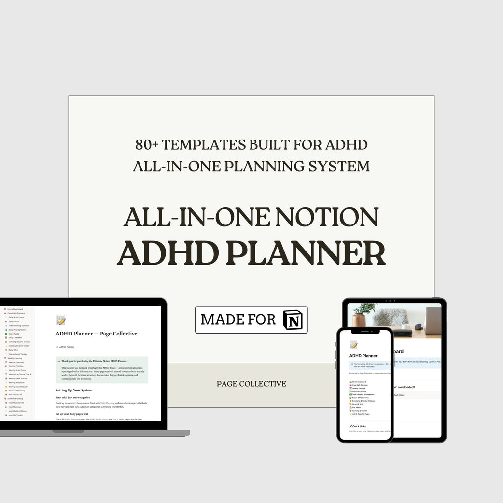 All-in-one Notion ADHD planner with templates for ADHD management on a white background.