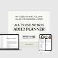 All-in-one Notion ADHD planner with templates for ADHD management on a white background.