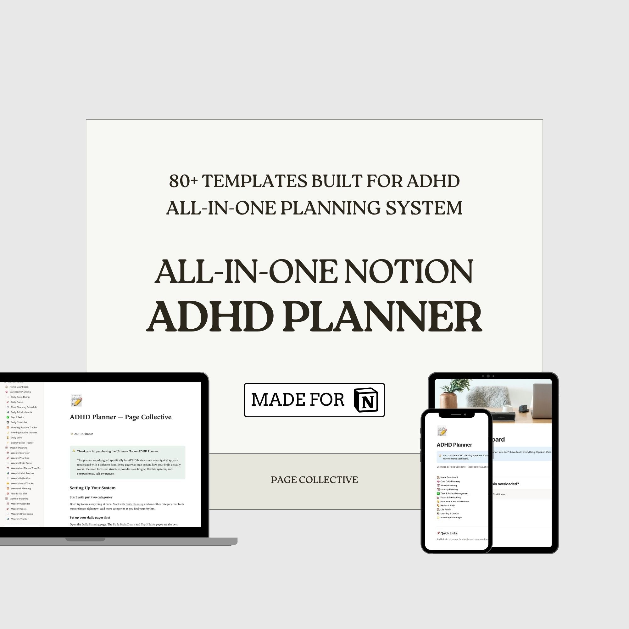 All-in-one Notion ADHD planner with templates for ADHD management on a white background.