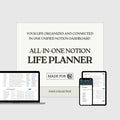 Promotional graphic for an All-in-One Notion Life Planner with devices displaying the planner.