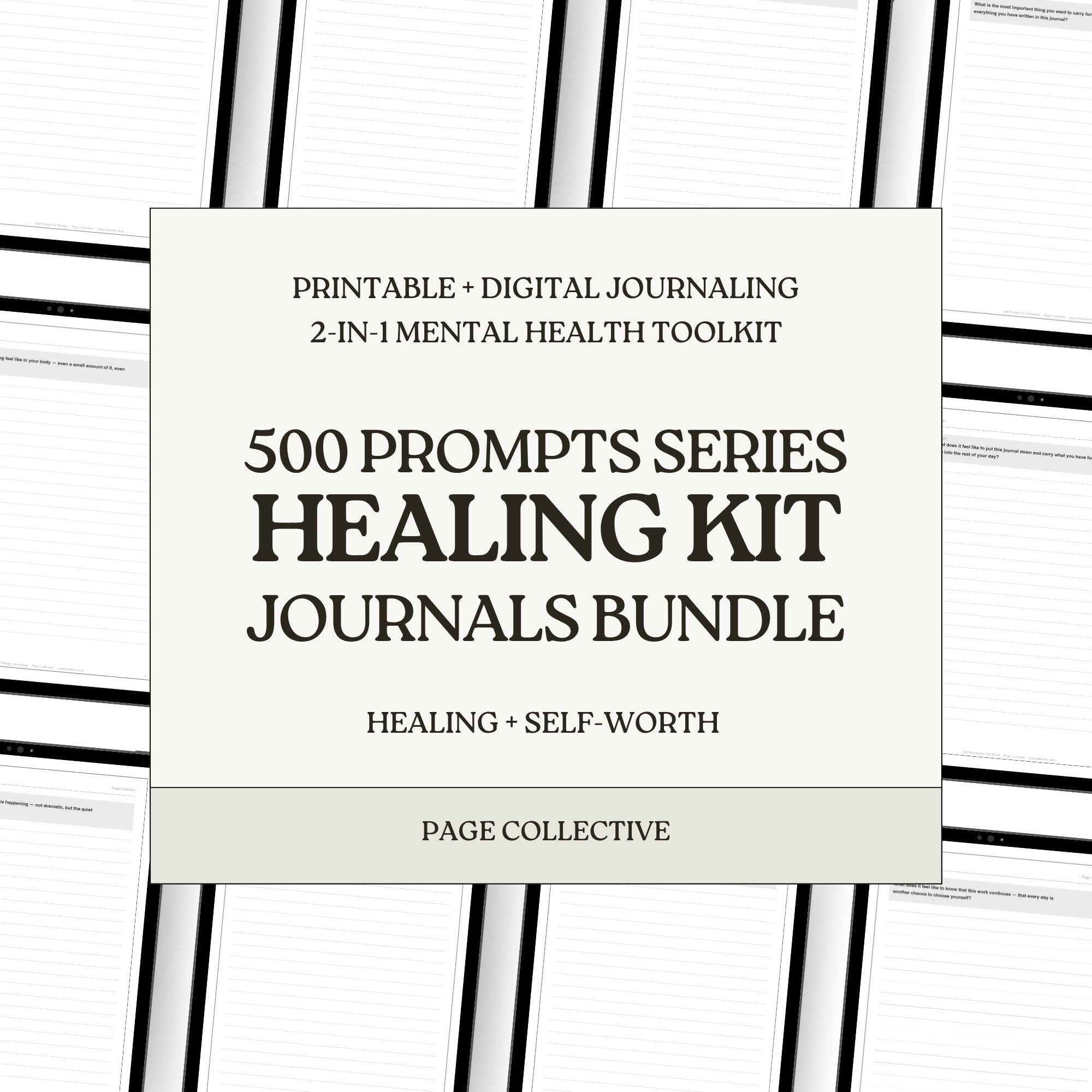 Healing Kit Journals Bundle packaging with text on a white and black striped background
