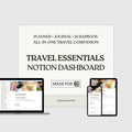 Travel essentials dashboard for planner, journal, and scrapbook on a white background