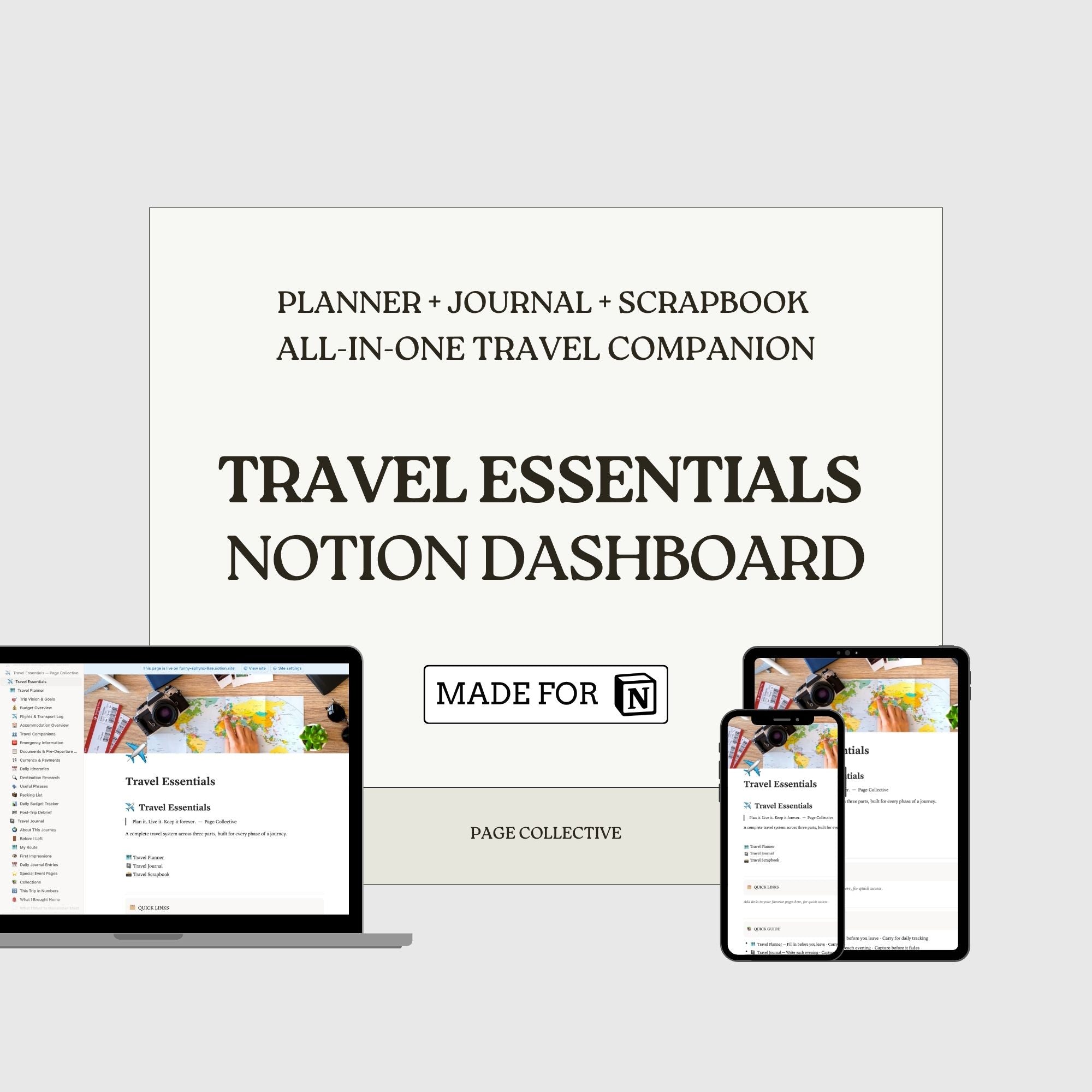 Travel essentials dashboard for planner, journal, and scrapbook on a white background