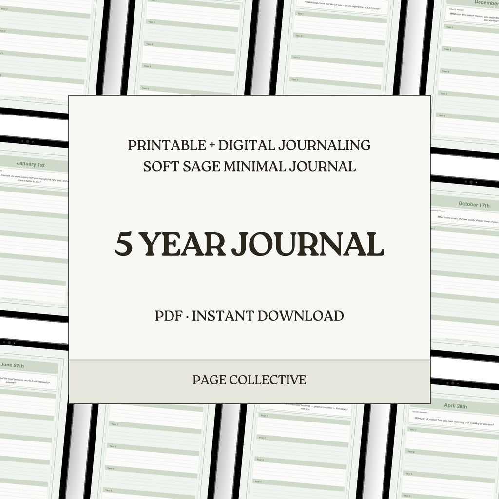 5-year journal with a white cover and black text on a background of lined pages.