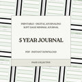 5-year journal with a white cover and black text on a background of lined pages.