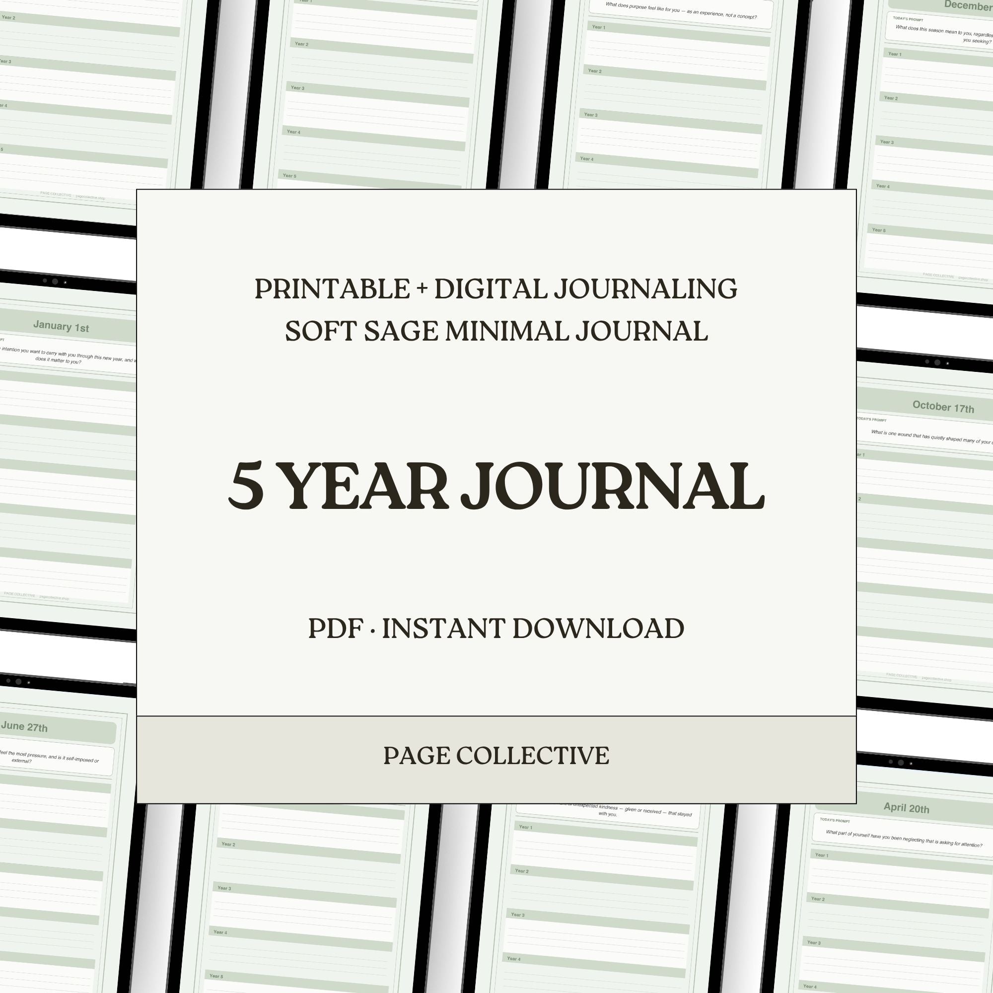 5-year journal with a white cover and black text on a background of lined pages.