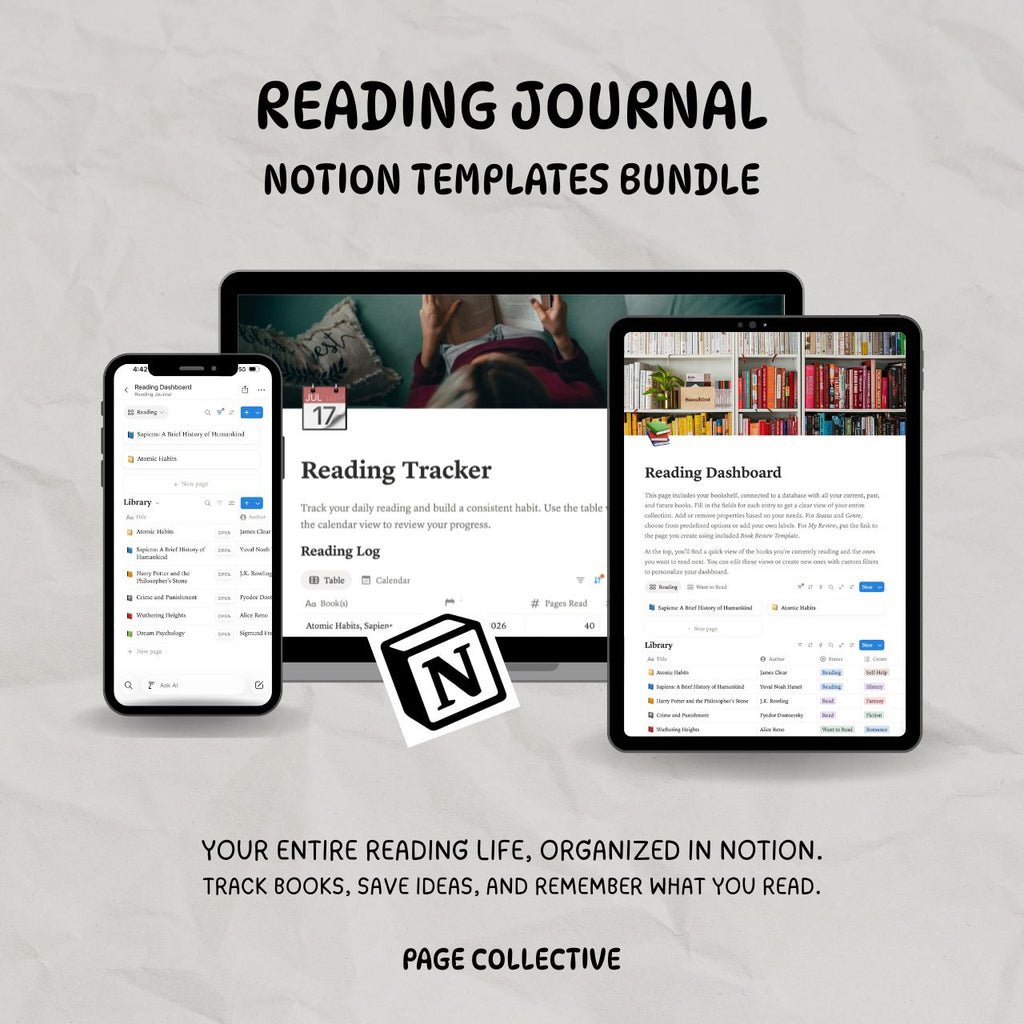 Promotional image of a Reading Journal Notion Templates Bundle with digital devices displaying templates.